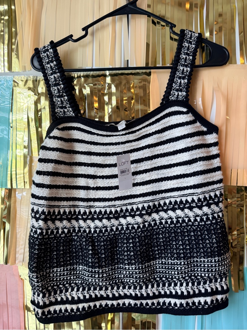 LOFT Black and Ivory Striped Knit Tank with Patterned Hem